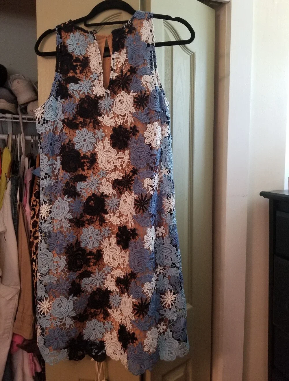 Michael Kors Blue, White & Black Floral Lace Mini Dress with Keyhole